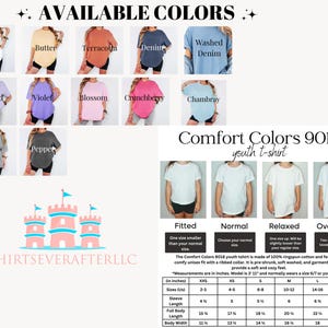 May include: Image of Comfort Colors 9018 youth t-shirts in various colours, including white, butter, and denim. The image also displays a size chart with measurements in inches, and the text "AVAILABLE COLORS".