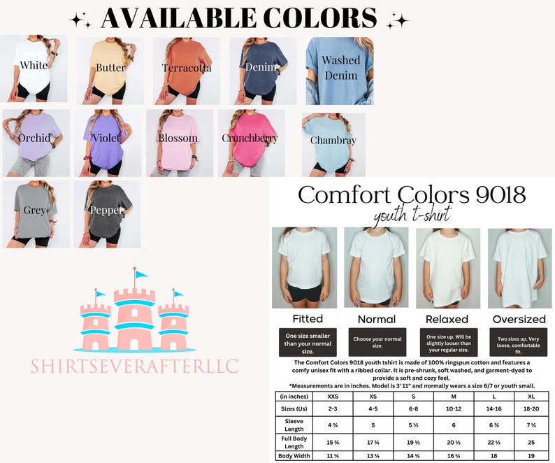 May include: Image of Comfort Colors 9018 youth t-shirts in various colours, including white, butter, and denim. The image also displays a size chart with measurements in inches, and the text "AVAILABLE COLORS".