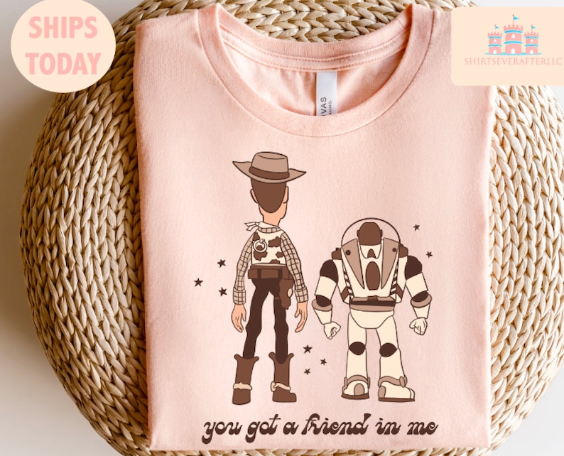 May include: Pink t-shirt featuring a cartoon image of Woody and Buzz Lightyear from Toy Story. The text "you got a friend in me" is printed below the characters.