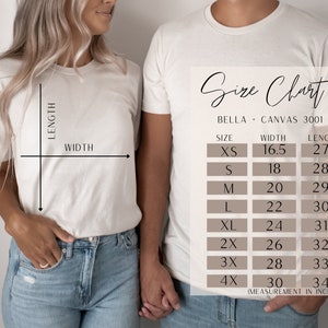 Puede incluir: Tabla de tallas para camisetas Bella + Canvas 3001, que muestra las medidas de ancho y largo en pulgadas para las tallas XS a 4X.