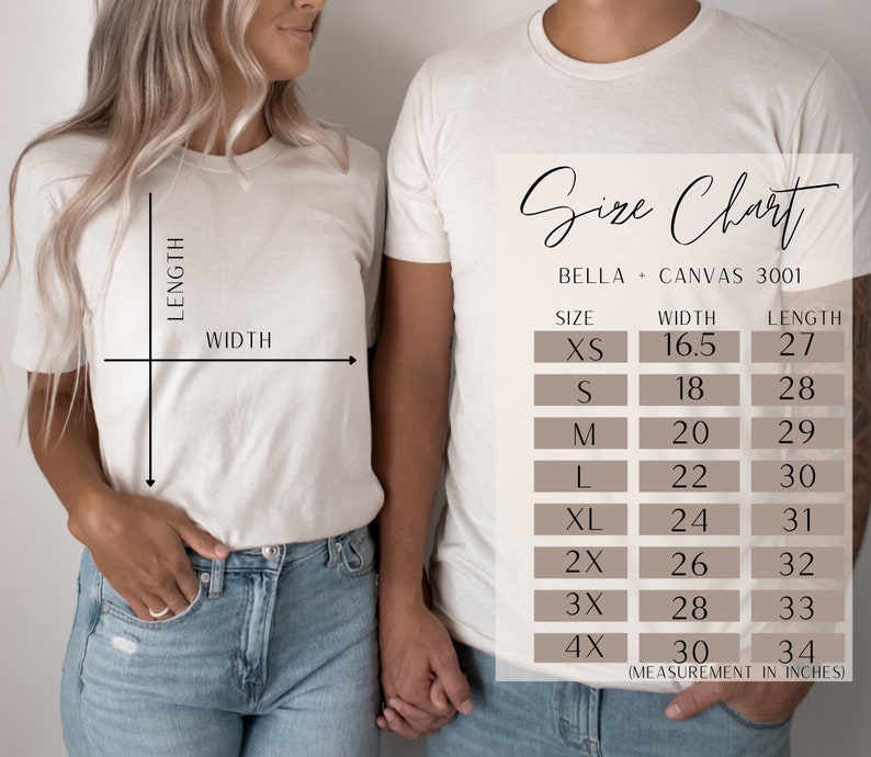 Puede incluir: Tabla de tallas para camisetas Bella + Canvas 3001, que muestra las medidas de ancho y largo en pulgadas para las tallas XS a 4X.
