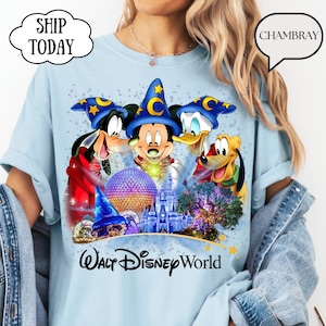 May include: Light blue t-shirt featuring Mickey Mouse, Donald Duck, Goofy, and Pluto in wizard hats, with a castle and sphere graphic. The words "Walt Disney World" are printed below the graphic.