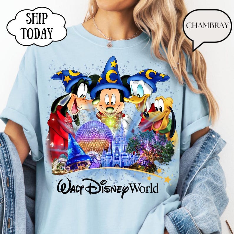 May include: Light blue t-shirt featuring Mickey Mouse, Donald Duck, Goofy, and Pluto in wizard hats, with a castle and sphere graphic. The words "Walt Disney World" are printed below the graphic.
