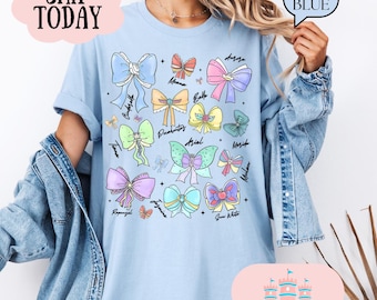 Retro Coquette Bows Watercolor Disney Princess Shirt, Disney Aurora Ariel Belle Cinderella Tiana Shirt, Magic Kingdom Disneyland Girl Trip