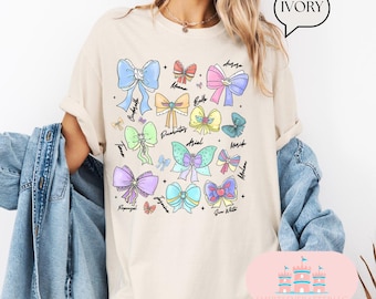 Camisa de princesas Disney con acuarela y lazos retro Comfort Color®, camisa de Disney Aurora, Ariel, Bella, Cenicienta, Tiana, Magic Kingdom