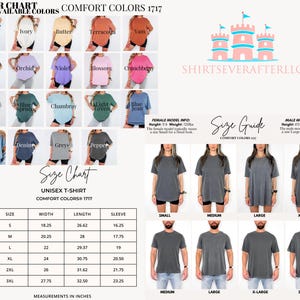 May include: A colour chart for Comfort Colors 1717 unisex t-shirts, showcasing colours such as white, ivory, and denim. The image includes a size guide with measurements in inches and models wearing the shirts in different sizes.