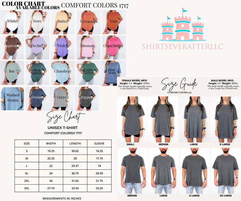 May include: A colour chart for Comfort Colors 1717 unisex t-shirts, showcasing colours such as white, ivory, and denim. The image includes a size guide with measurements in inches and models wearing the shirts in different sizes.