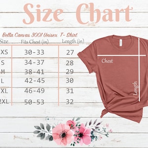 Puede incluir: Tabla de tallas para camisetas unisex Bella Canvas 3001. La tabla incluye tallas XS a 2XL, con medidas de pecho que van de 76-84 cm a 127-135 cm, y largos de 69-81 cm. Se muestra una camiseta de color terracota.