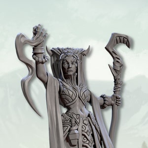 May include: A gray painted miniature figurine of a female elf with horns, wearing a long robe and holding a staff. The figurine is standing on a round base. The text "Zervana Blacktongue" is printed below the base.