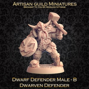 May include: A painted miniature figurine of a dwarf warrior holding a hammer and a shield with a carved pumpkin face. The figurine is standing on a round base. The text "DWARF DEFENDER MALE - B" and "DWARVEN DEFENDER" is printed below the figurine.