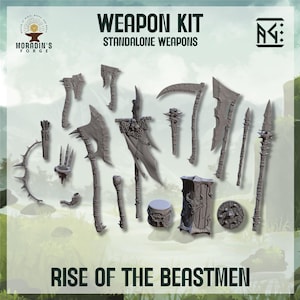 May include: A set of 15 miniature plastic weapons for tabletop gaming. The weapons are in a grey colour and include axes, swords, spears, and a banner. The set is labelled "Weapon Kit Standalone Weapons Rise of the Beastmen".