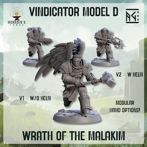 May include: Three gray miniature figures of armored warriors, labeled Vindicator Model D, are displayed. One figure has large wings and a hammer, while the others hold weapons. The text "Wrath of the Malakim" and "Modular Hand Options!" are also visible.