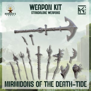 May include: A set of 14 grey plastic miniature weapons for tabletop gaming. The weapons include a sword, spear, axe, and other fantasy weapons. The set is labeled "Weapon Kit Standalone Weapons Mirmidons of the Death-Tide".