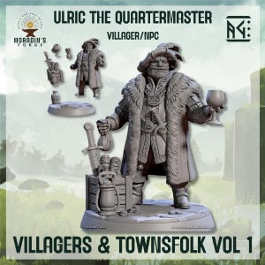 Könnte beinhalten: Detaillierte Miniaturfigur von Ulric dem Quartermaster, einem Dorfbewohner/NPC, der einen Kelch und einen Geldsack hält. Die Figur ist Teil der Villagers & Townsfolk Vol 1 Kollektion. Das Bild zeigt auch eine kleinere Figur und weiteres Zubehör.