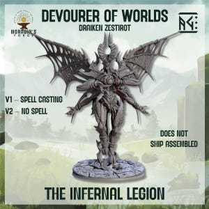 May include: A grey resin miniature figure titled Devourer of Worlds Draiken Zestirot, featuring a winged demon with multiple arms, horns, and a spell-casting pose, standing on a circular stone base with text V1 Spell Casting and V2 No Spell.