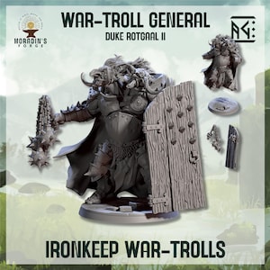 May include: A gray miniature figure of a War-Troll General, Duke Rotgaal II, holding a spiked weapon and a wooden shield. The figure is part of the Ironkeep War-Trolls collection. Additional miniature components are also displayed. The Moradin's Forge logo is visible.