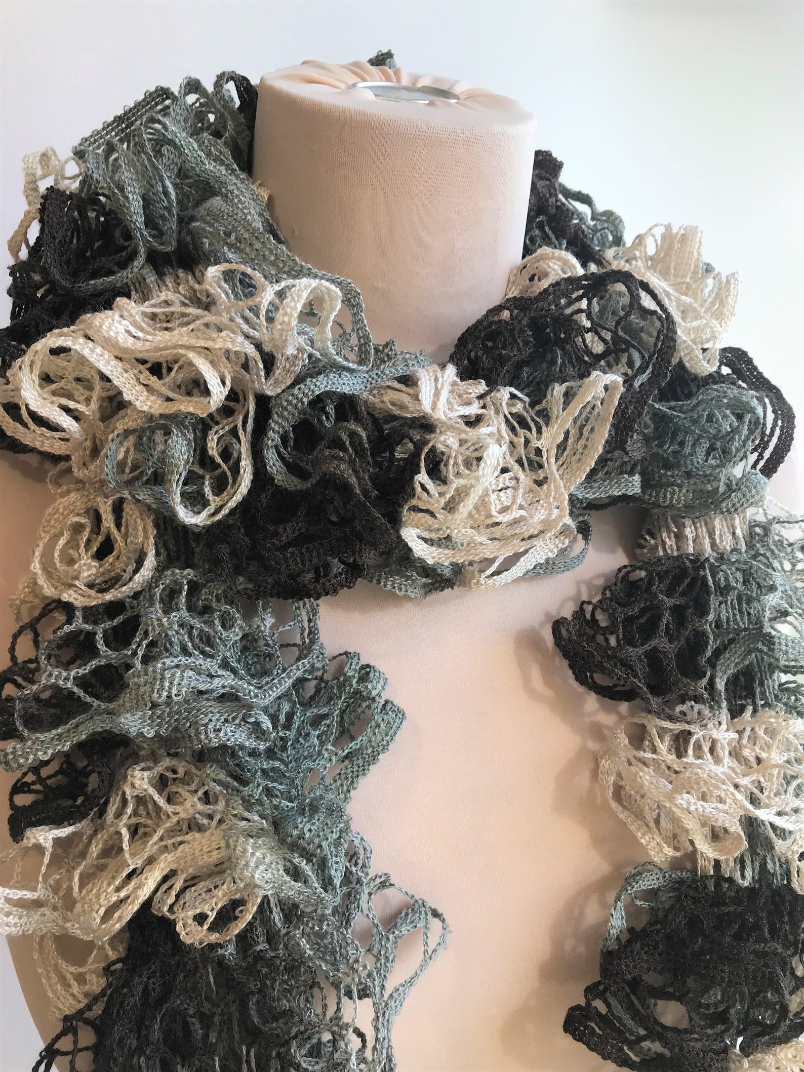 Scarf boa lace scarf in dark brown beige and gray colors Etsy