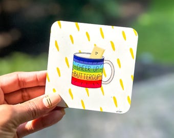 Cheer Up Buttercup cork-backed coaster (1) | Water-resistant | Heat-resistant | Cute home decor