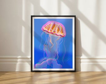Impressão artística Electric Jellyfish por Elisa Bell (SEM MOLDURA) | Impressão artística Giclée em papel fosco de alta qualidade | Arte de praia