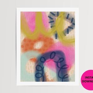 May include: Abstract art print featuring a colorful design with pink, yellow, orange, blue, and white paint. The design includes circles, lines, and swirls.