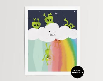 Close Encounters of the Playful Kind Art Print: Green Alien Decor (Digital Download)