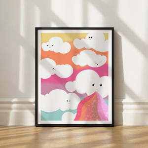 May include: A framed print with a colorful rainbow design and white clouds with cartoon faces. The clouds have different expressions, including happy, sleepy, and surprised. The rainbow is made up of pink, orange, yellow, and red colors.