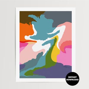May include: Abstract art print featuring a vibrant composition of layered shapes in various colors. The artwork includes shades of blue, pink, orange, green, and yellow, creating a dynamic and colorful visual experience. The print is framed in white and includes the text "INSTANT DOWNLOAD".