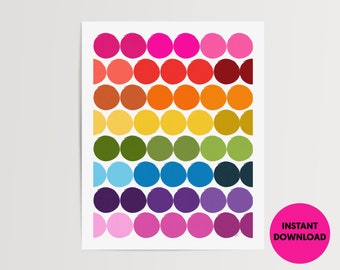 Può includere: Una stampa digitale con un motivo arcobaleno di cerchi sovrapposti. I cerchi sono disposti in file, con ogni fila di un colore diverso dell'arcobaleno. I colori sono rosa, rosso, arancione, giallo, verde, blu, viola e rosa di nuovo.