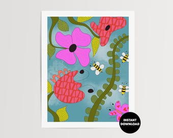 Blue Sky Art Print: Flowers, Funky Home Decor (Digital Download)