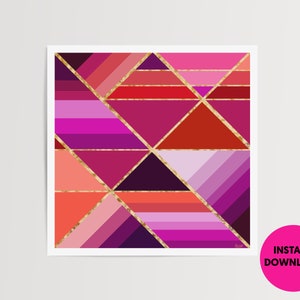 May include: Abstract geometric print with a pink, red, and gold color scheme. The print features a series of overlapping triangles and stripes.