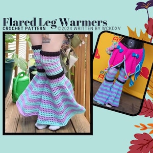 Puede incluir: Patrón de ganchillo para calentadores de piernas acampanados en tonos de azul, morado y negro. El texto "Flared Leg Warmers Crochet Pattern ©2024 Written by WCKDXV" se muestra en la parte superior de la imagen. Los calentadores tienen un diseño acampanado.