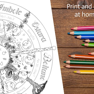 Wheel of the Year coloring page, Sabbat, witchy calendar, full moon, northern hemisphere, printable, DIY