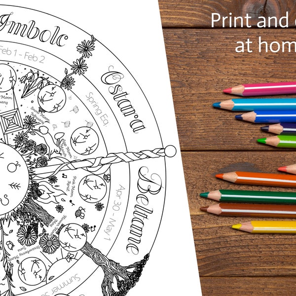 Wheel of the Year coloring page, Sabbat, witchy calendar, full moon, northern hemisphere, printable, DIY