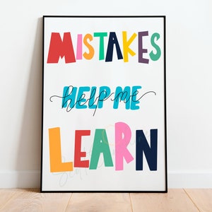 Mistakes help me learn motivational poster for children&#39;s room, nursery, classroom, wall print, digital download 18x24