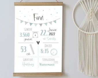 Birth picture / birth details (print + pdf file) in various colors - gift - birth announcement - personalized