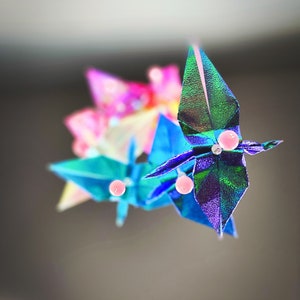 Rainbow origami mobile with shining paper cranes and jade stones, baby mobile, nursery mobile, baby gift, nursery decor, art installation