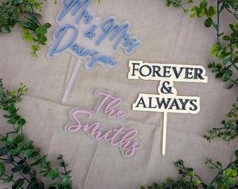 50+ Colours Custom Acrylic Wedding Cake Topper with Background - Choose your color and Font! Multi Colour Cake Topper