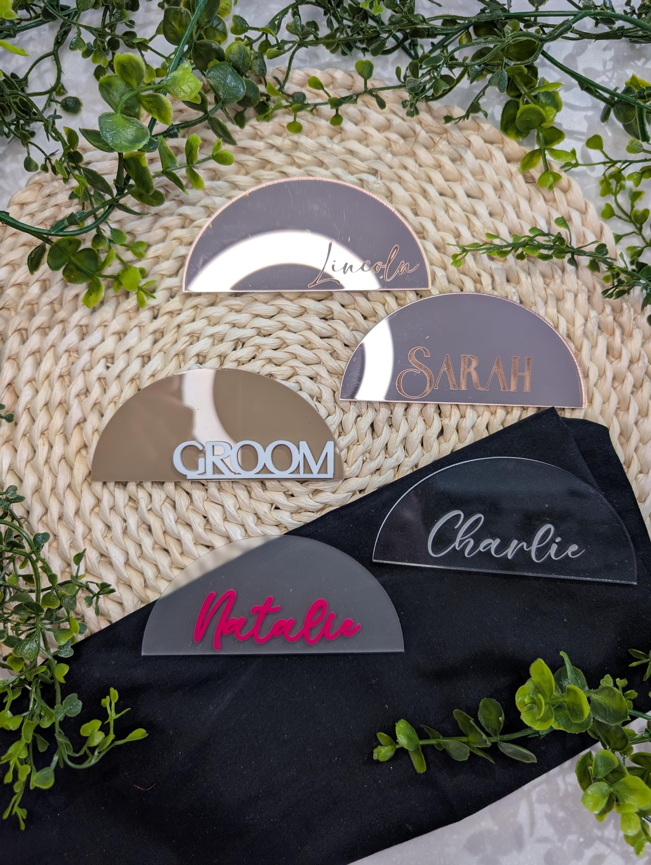 Fully Custom (87 Colours) Acrylic 3D Name or Engraved Wedding Name Placements / Half Circle Wedding Place Cards Wedding Decor / Custom Font