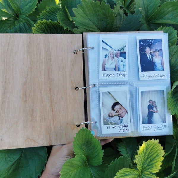 Polaroid Photo Album (Fujifilm Instax Mini) - Engraved Handmade Wood Photo Album with Photo Sleeves / Wedding Guest Book