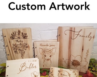 Custom Artwork - Engraved Handmade Wood Photo Album / Guest Book / Polaroid Album with Photo Sleeves / Paper