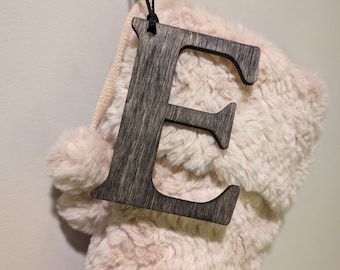 Custom Wooden Christmas Stocking Tag - Large - Dark Stained Wood / Stocking Label  / Monogram Ornament / Personalized Letter