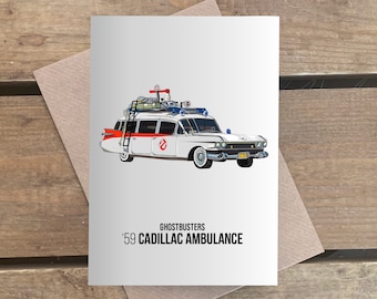 Ghostbusters - Ecto 1 1959 cadillac ambulance - A6 Greeting card / Birthday Card / Movie card / car card / famous cars