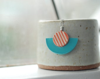 Turquoise and Orange stripe ceramic necklace