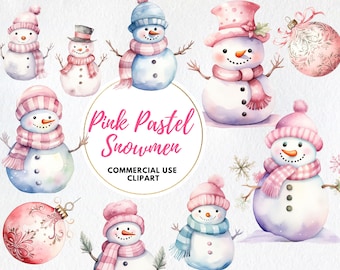 Pink Christmas Snowman Clipart, Snowman Watercolor Clipart, Christmas Snowman Clipart bundle, Winter Snowman Clipart, Snowman design png