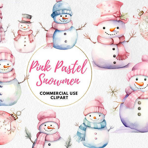 Pink watercolor snowman clipart, Happy snowman scarf and top hat, whimsical winter snowman, cute christmas snowman, festive holiday png