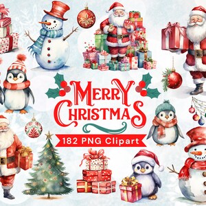 Weihnachtsmann Clipart, Aquarell Weihnachtsmann Clipart, Winterkranz, Weihnachtsbaum, niedliche Winter-Pinguine, Weihnachtsdekoration png, Schneemann