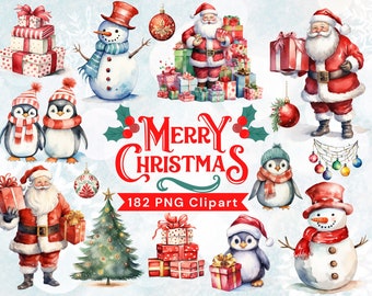 Father Christmas Clipart, Watercolor Santa Claus clipart, winter wreath, Christmas tree, cute winter penguins, Christmas lights png, snowman