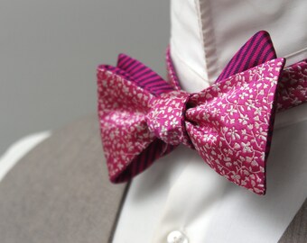 Brown Pink Blue Self Tie Reversible Bow Tie Violet