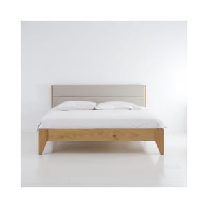 Minimalist Solid Oak Bed with a Natural Linen Upholstered Headboard