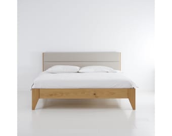 Minimalist Solid Oak Bed with a Natural Linen Upholstered Headboard